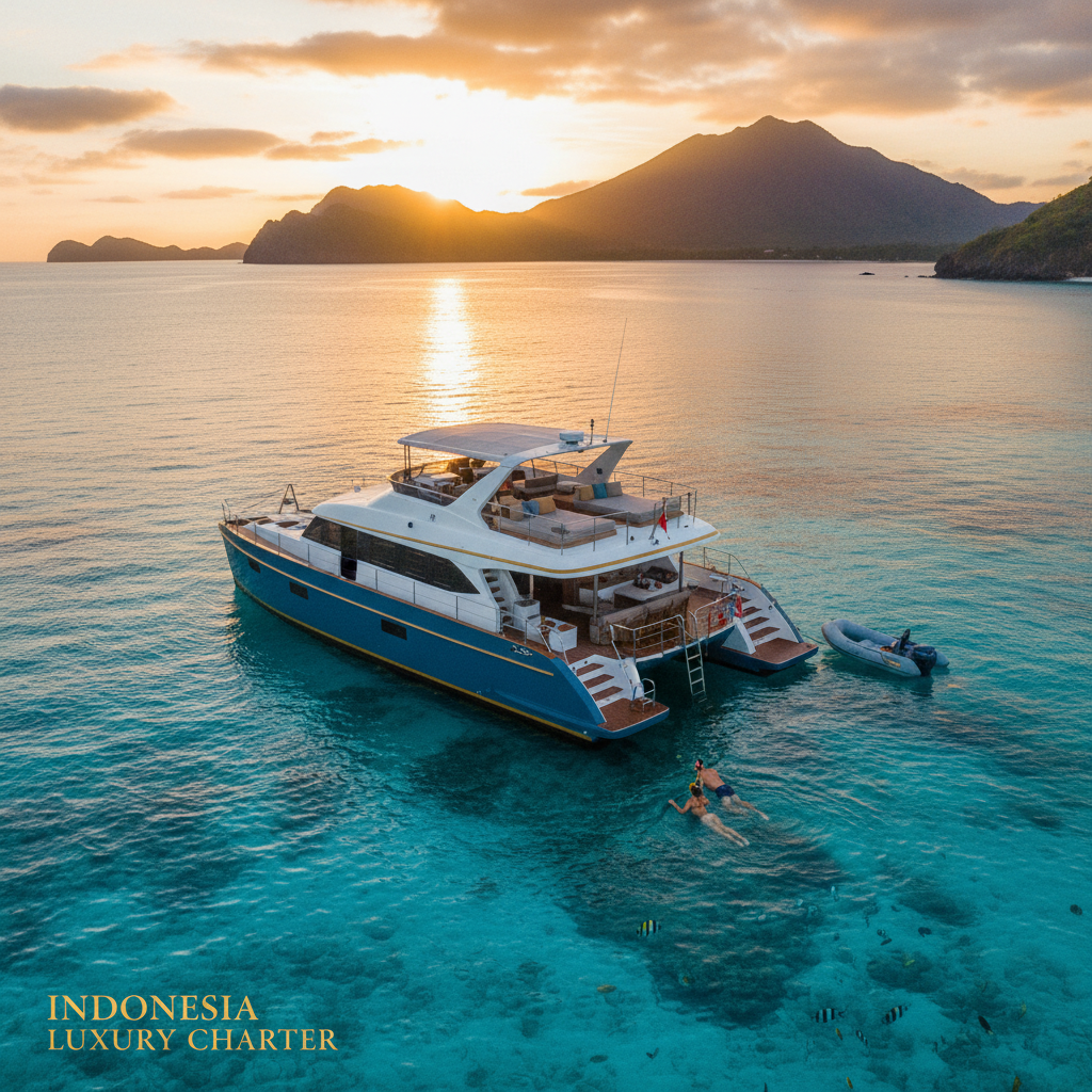 Luxury catamaran anchored in clear turquoise water
