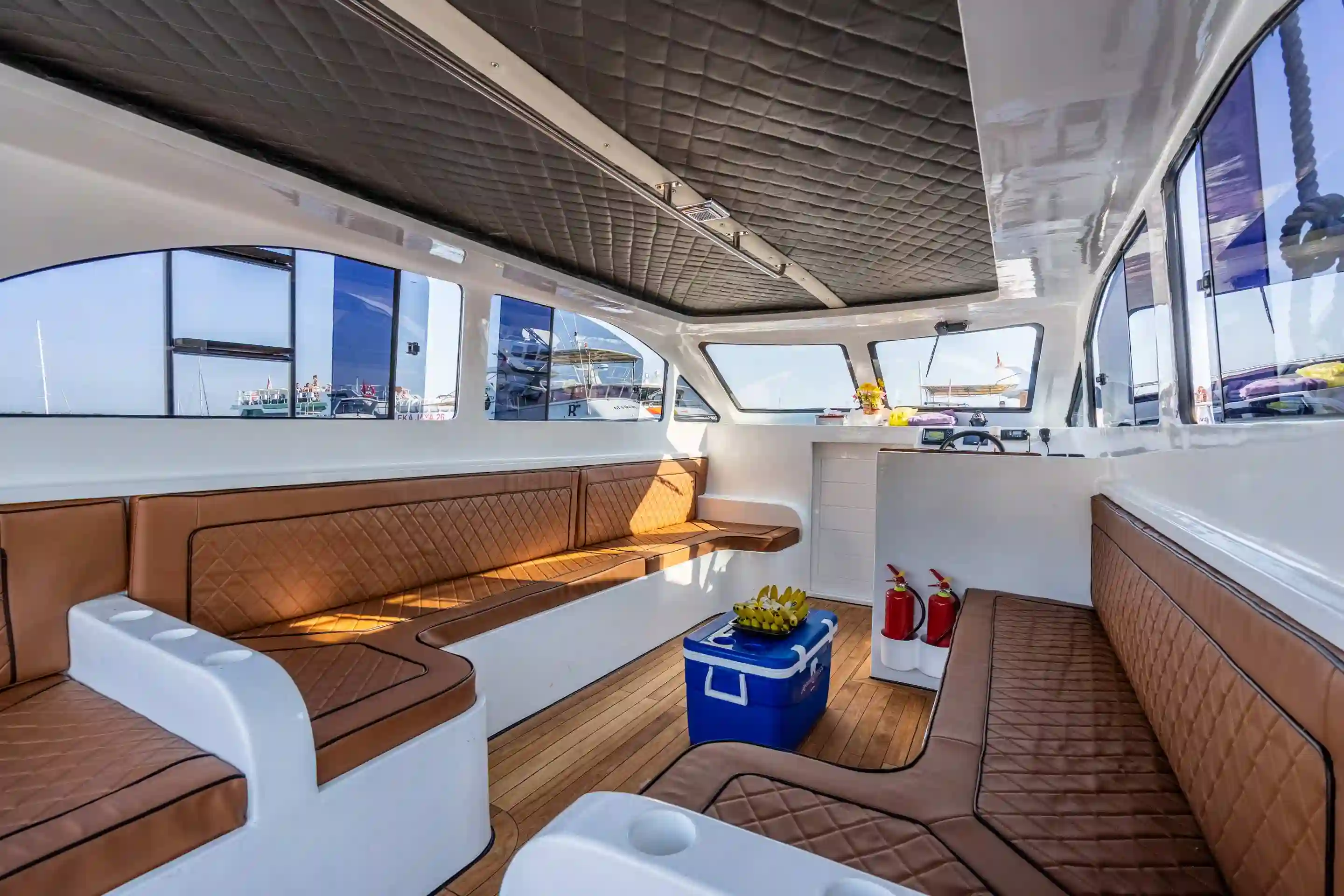 The flybridge of a modern charter yacht