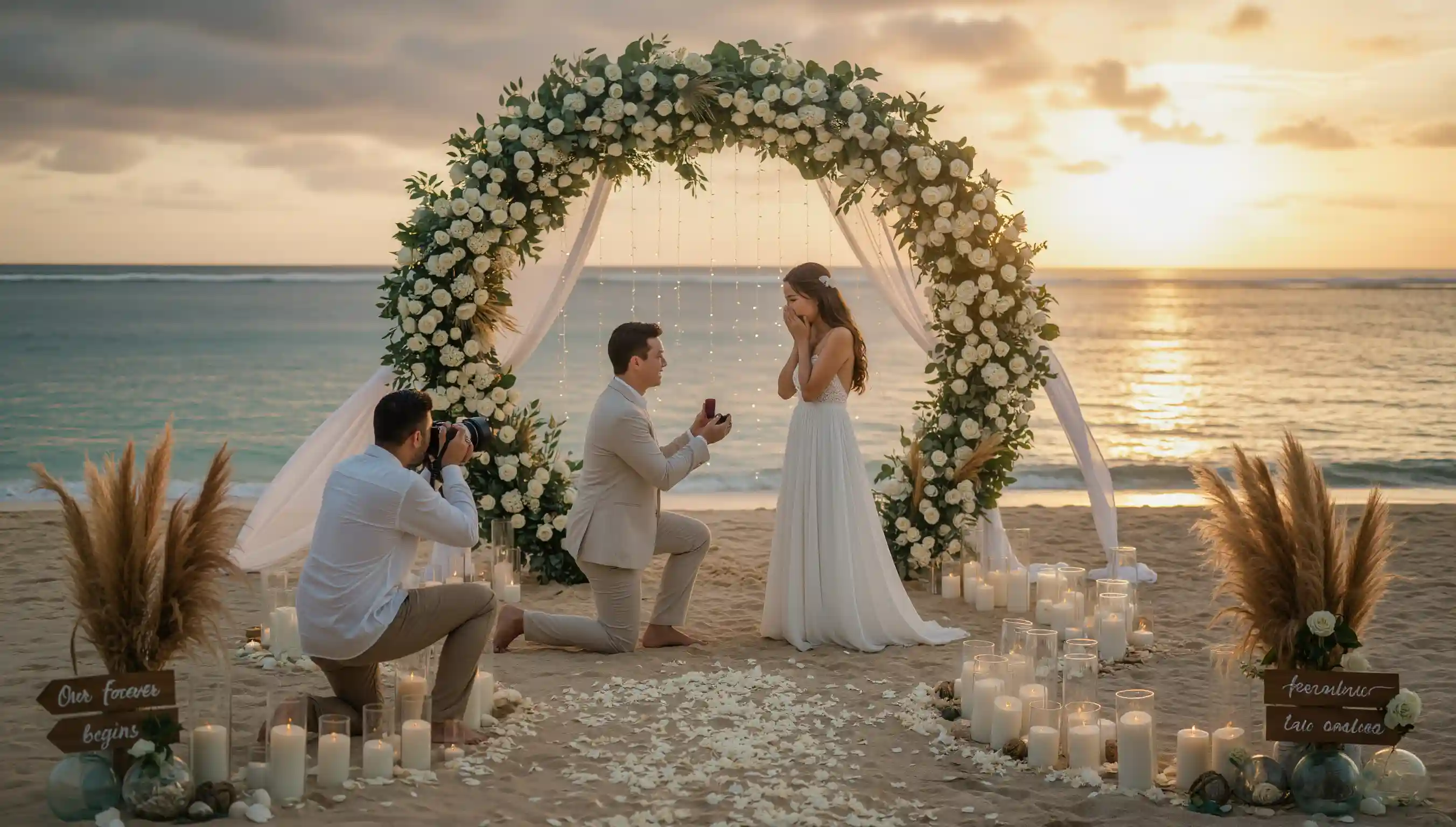 A private dinner set up on the beach at sunset