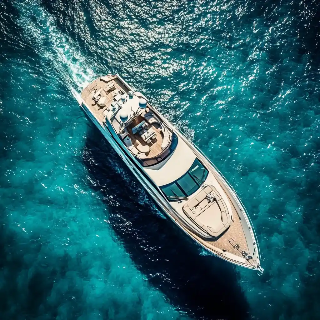 A crewed yacht at anchor in turquoise water