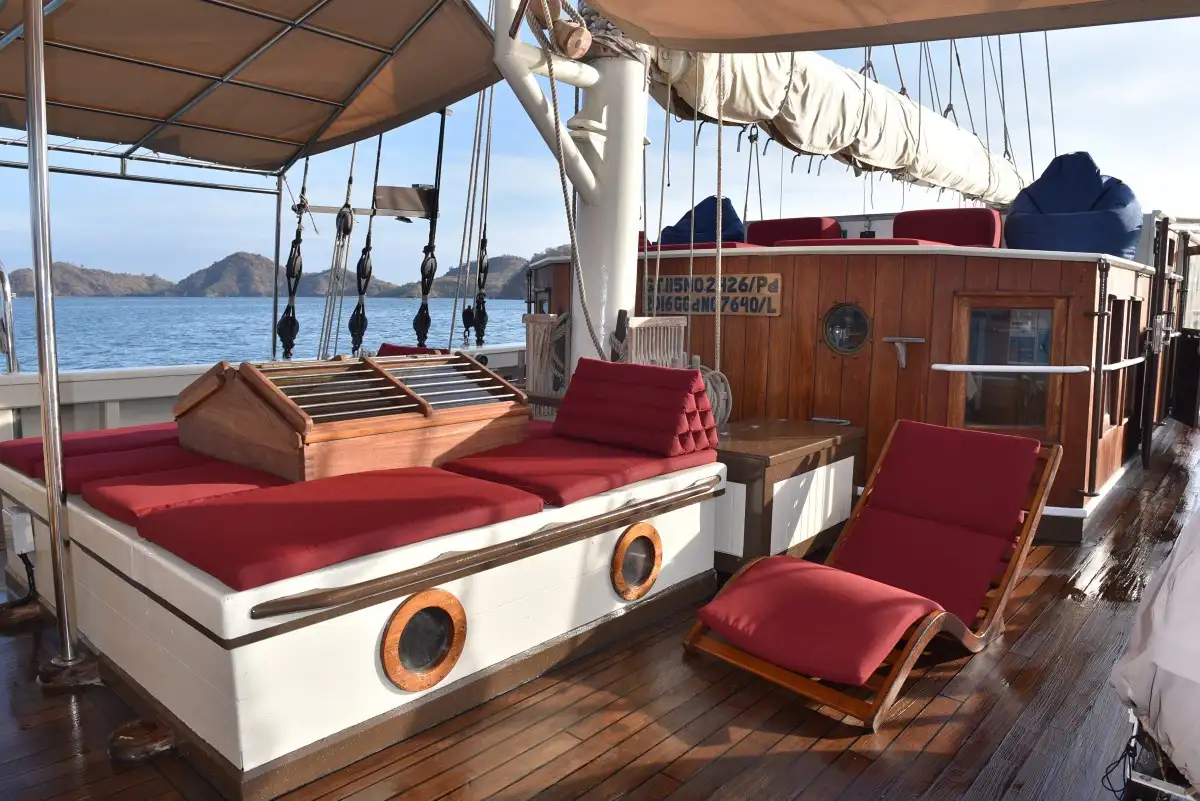 The deck of a sailing yacht at the end of the day