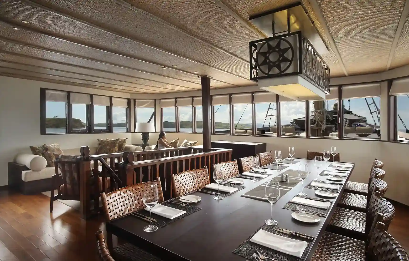 The dining saloon of a luxury phinisi
