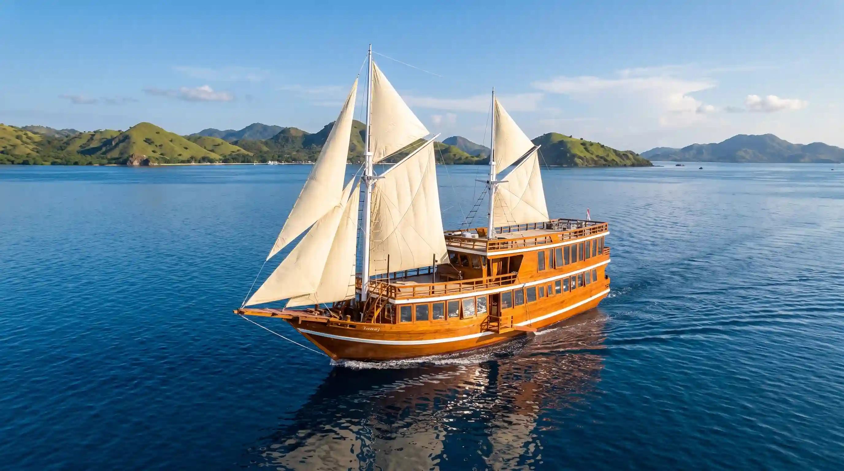 A phinisi at anchor under a soft sky