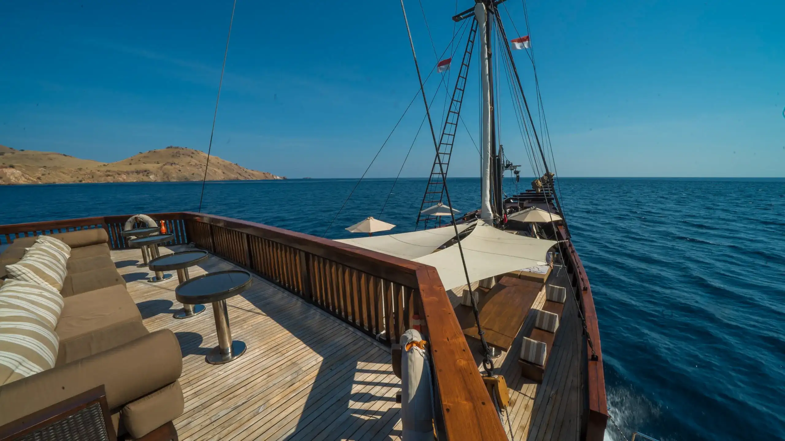 The deck lounge of a crewed phinisi