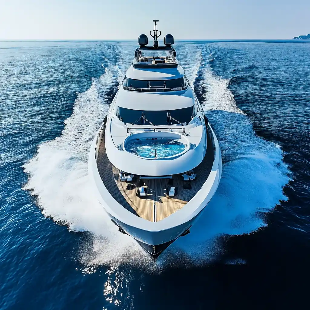 A luxury yacht cruising in clear water
