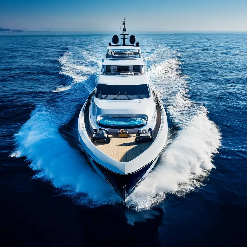 A luxury crewed yacht under way