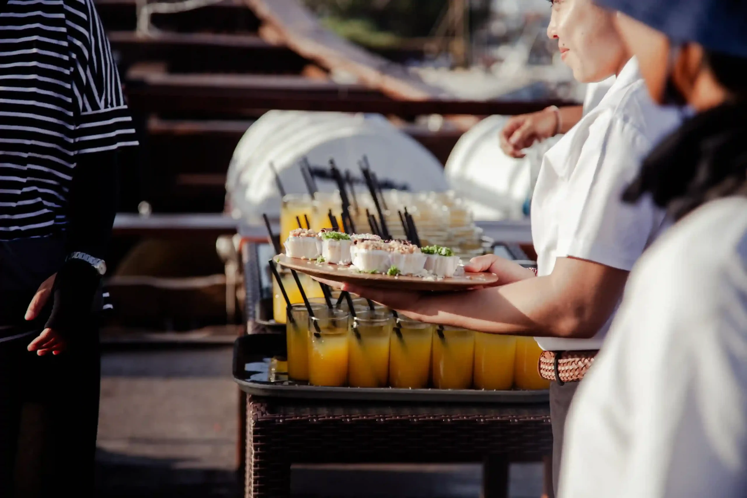 A welcome drink and cake served on board