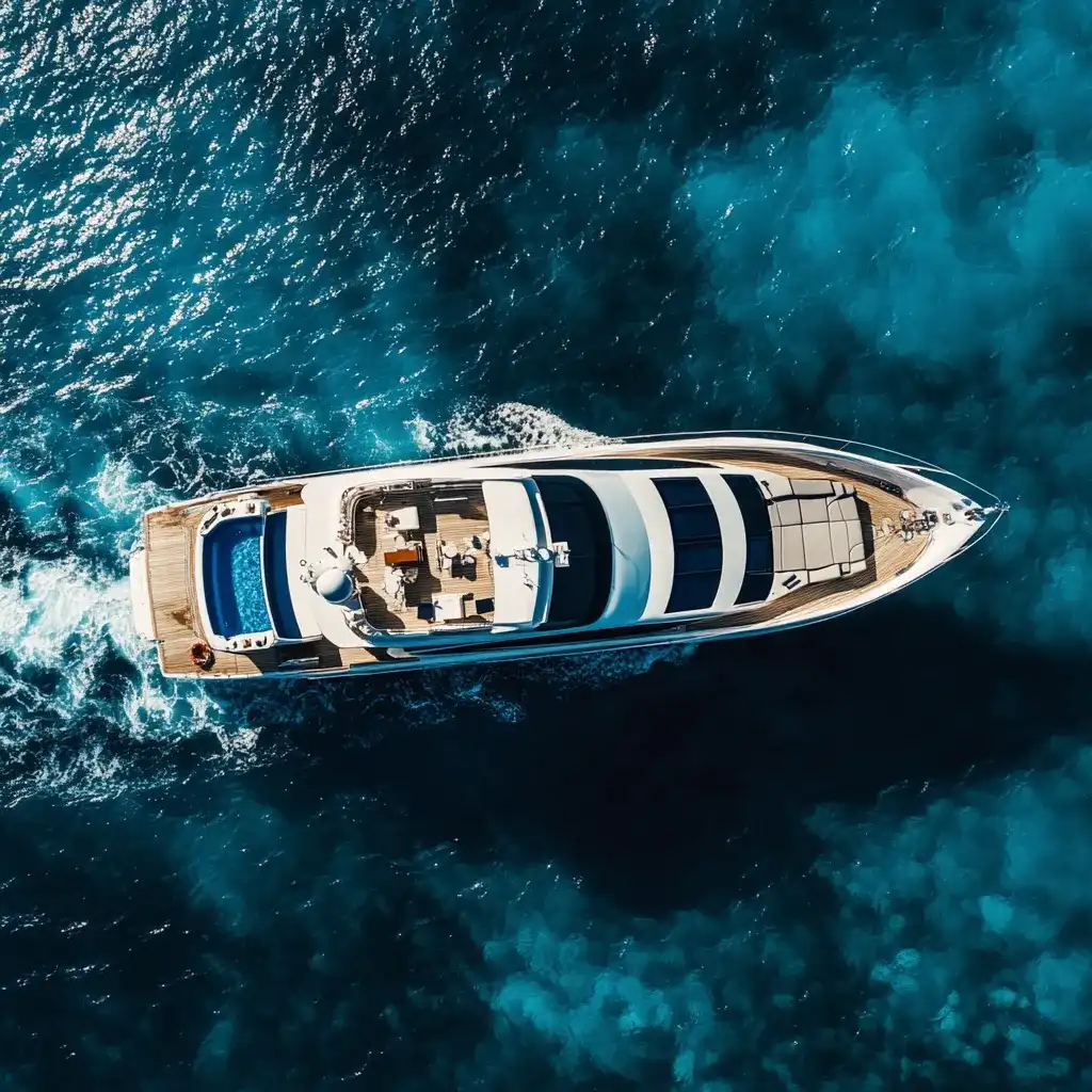 A luxury yacht sailing in crystal-clear water